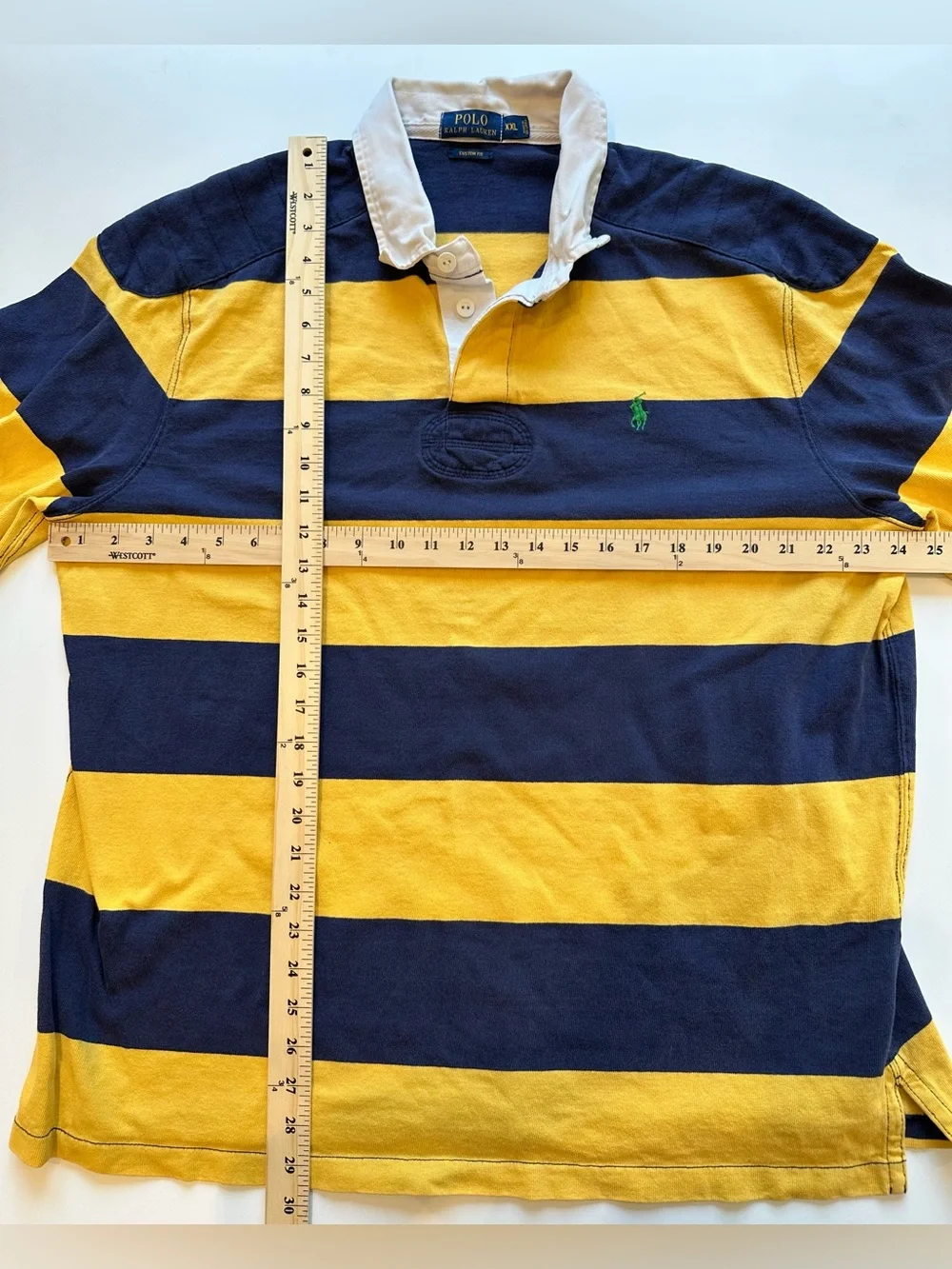 Polo Ralph Lauren Rugby Shirt XXL Custom Fit Navy Gold Striped Elbow Patch
